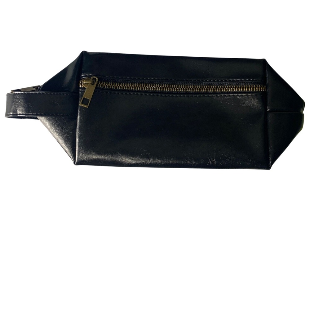 Black Faux Leather Toiletry Bag Dopp Kit Travel Cosmetic Case Gold Zipper 10in‎